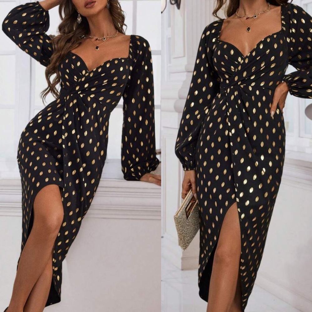 Luxe gold dots sweetheart neck wrap hem  dress